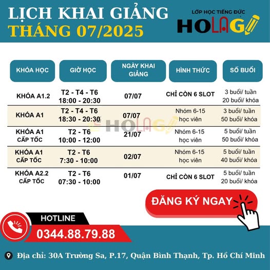 LỊCH KHAI GIẢNG KHÓA A1